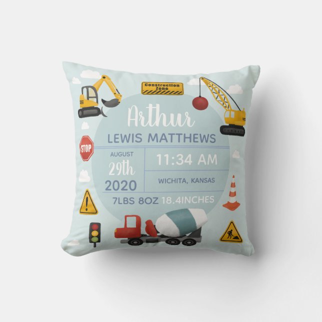 Boys Cute Construction Digger Baby Boy Birth Stats Throw Pillow (Front)