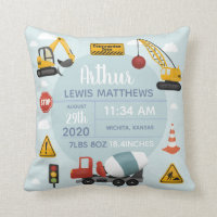 Boys Cute Construction Digger Baby Boy Birth Stats Throw Pillow