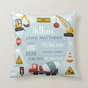 Boys Cute Construction Digger Baby Boy Birth Stats Throw Pillow