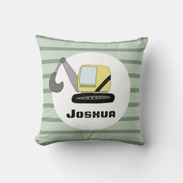 Boys Cute Construction Digger Excavator and Name Throw Pillow (Front)