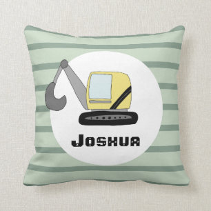 Boys Cute Construction Digger Excavator and Name Throw Pillow