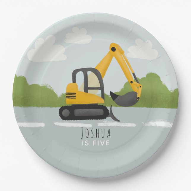 Boys Cute Construction Digger Kids Birthday Paper Plates (Front)