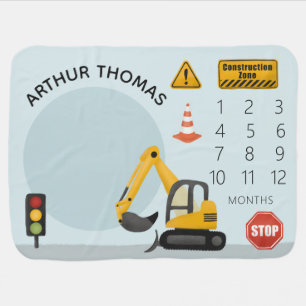 Boys Cute Construction Digger Name Milestone Baby Blanket