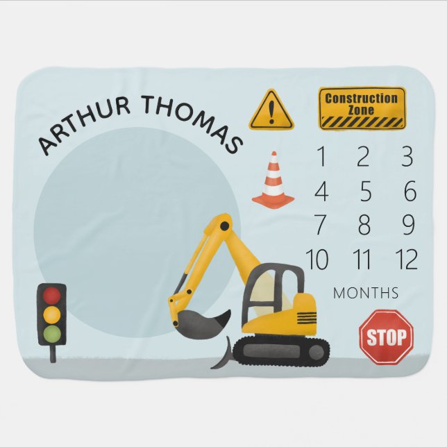 Boys Cute Construction Digger Name Milestone Baby Blanket (Horizontal)