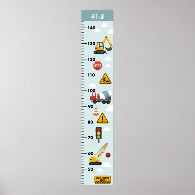 Boys Cute Construction Transport Growth Chart (Front)