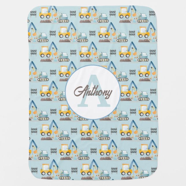 Boys Cute Construction Trucks Pattern Monogrm Name Baby Blanket (Front)