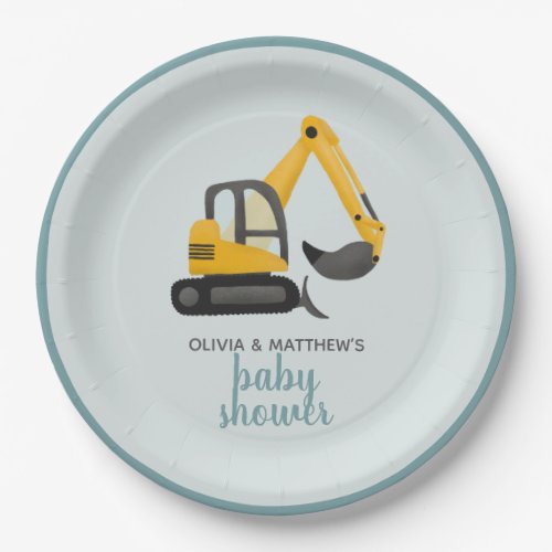 Boys Cute Digger Baby Shower Paper Plates