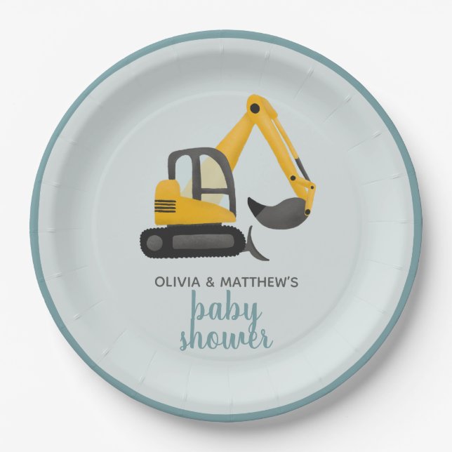 Boys Cute Digger Baby Shower Paper Plates (Front)