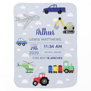 Boys Cute Digger Car Train Keepsake Birth Stats Baby Blanket