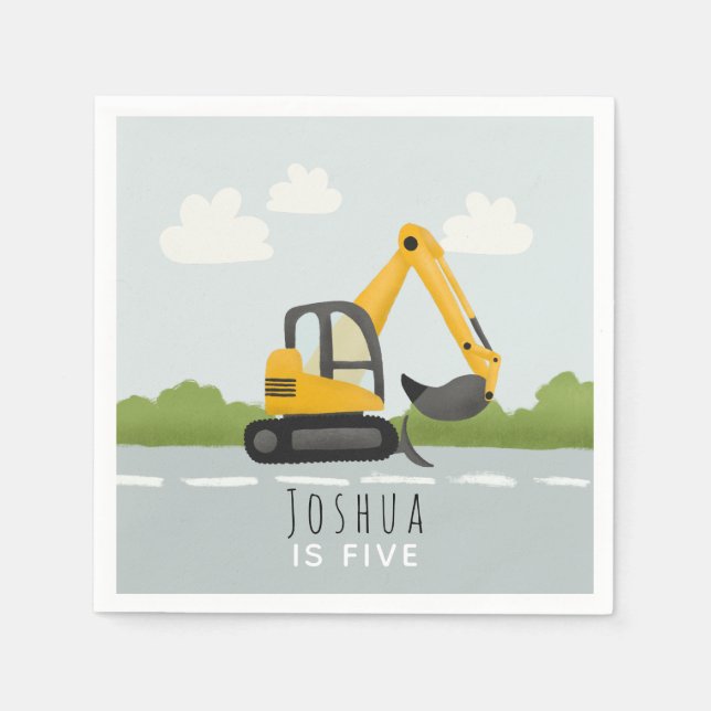 Boys Cute Digger Kids Birthday Napkins (Front)
