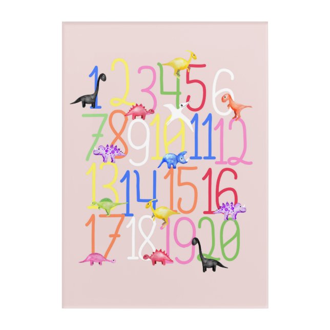 Boys Cute Dinosaur 1-20 Kids Numbers Nursery Acrylic Print (Front)