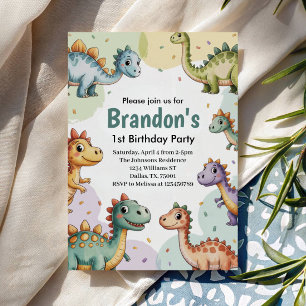 Boys Cute Dinosaur 1st Birthday Invitation