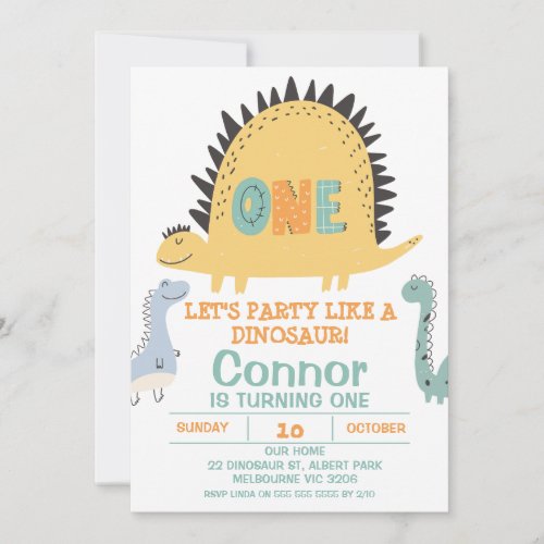 Boys Cute Dinosaur 1st Birthday Invitation