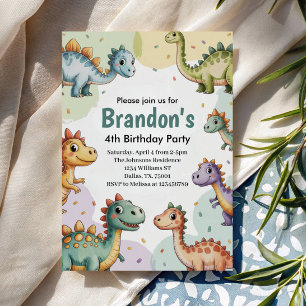 Boys Cute Dinosaur 4th Birthday Invitation