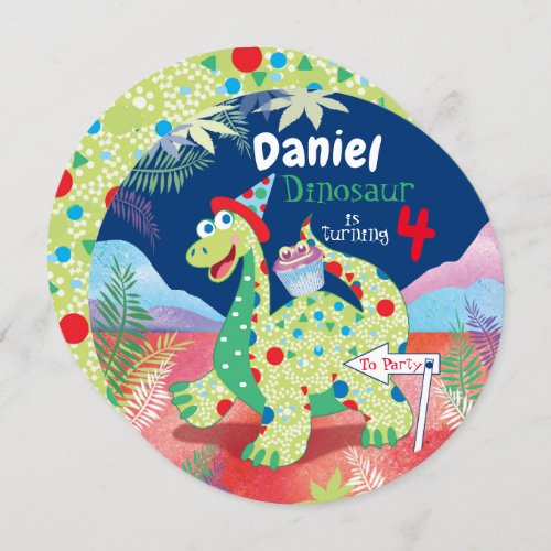 Boys Cute Dinosaur 4th Birthday Party Invitation