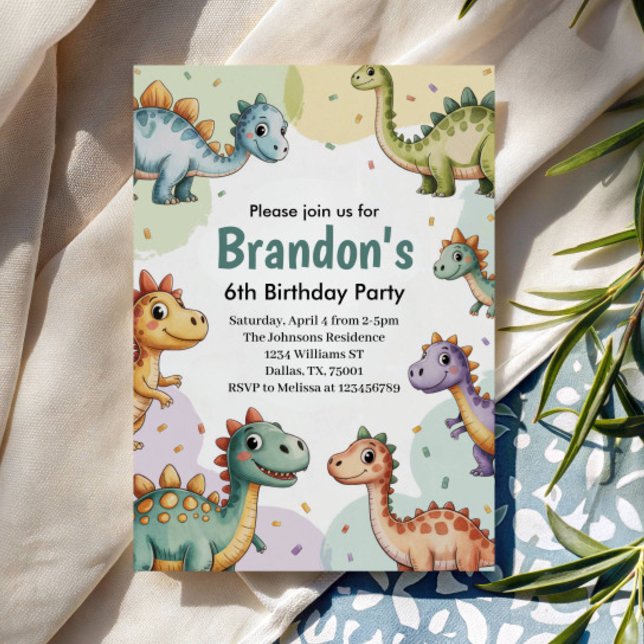 Boys Cute Dinosaur 6th Birthday Invitation (Creator Uploaded)