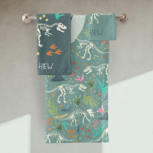 Boys Cute Dinosaur Fossil Pattern & Monogram Kids Bath Towel Set