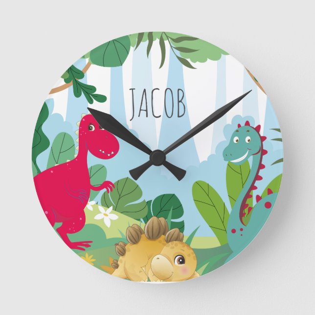 Boys Cute Dinosaur Kids Room Round Clock (Front)