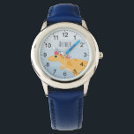 Boys Cute Dinosaur & Name Blue Kids Watch<br><div class="desc">This cute and modern blue kids watch features an adorable dinosaur cartoon,  and can be personalized with your boys name. With clear,  easily readable numbers,  this 'first' watch is great for kids or toddlers just starting out on learning the time. The perfect dino-themed design for your little one!</div>