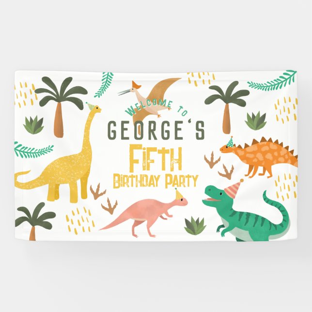 Boys Cute Dinosaur T-Rex Kids Birthday Welcome Banner (Horizontal)