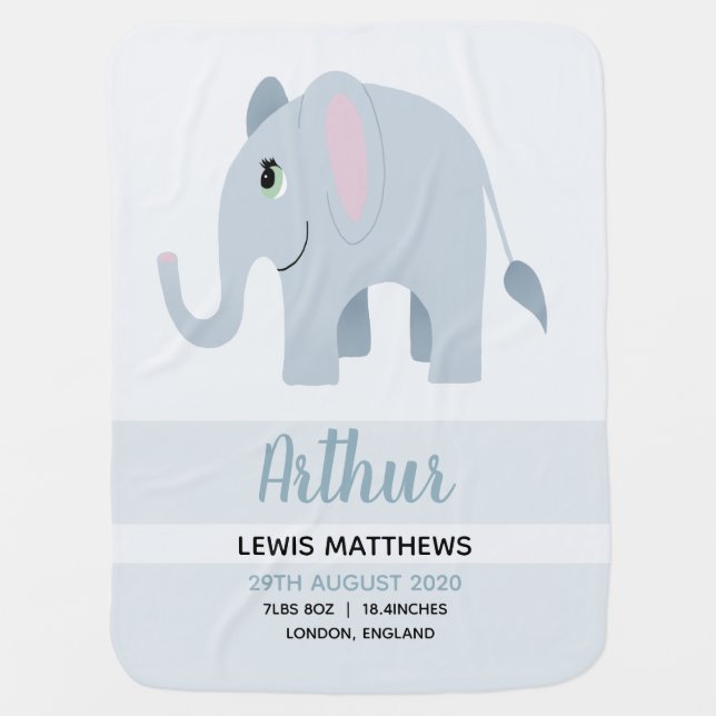 Boys Cute Elephant Birth Stats & Name Baby Blanket (Front)
