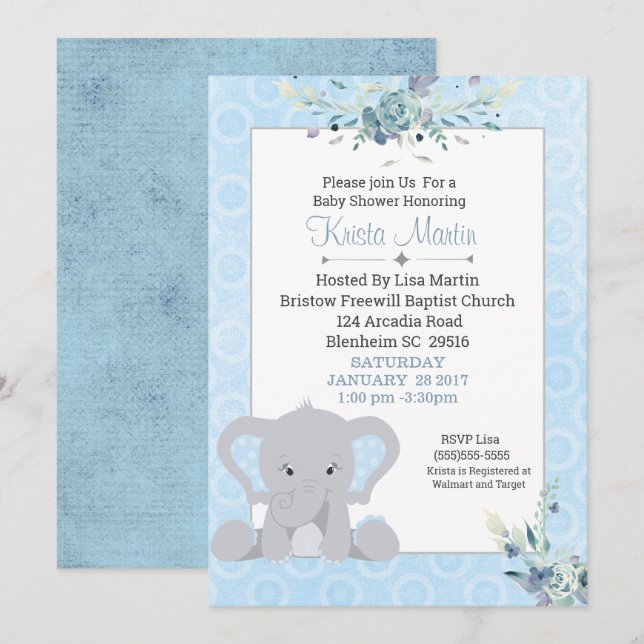 Boys Cute Elephant Floral Baby Shower Invitation (Front/Back)