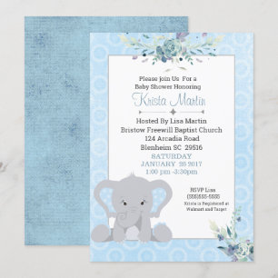 Boys Cute Elephant Floral Baby Shower Invitation