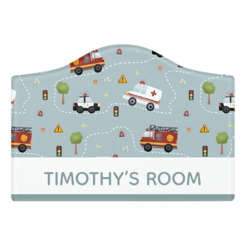 Boys Cute Emergency Transport Pattern Kids Nursery Door Sign