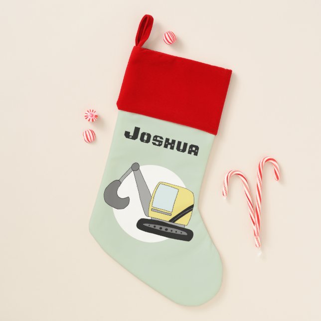 Boys Cute Excavator Digger Construction and Name Christmas Stocking (Front)