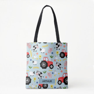 Boys Cute Farm Animal Pattern and Name Kids Tote Bag