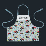Boys Cute Farm Animal Pattern and Red Tractor Kids Apron<br><div class="desc">This cute kids apron design features a farm animal cartoon pattern,  with a tractor,  cows,  pigs,  sheep,  chickens and flowers,  and can be personalized with your boys name. The perfect farm-themed gift for your toddler or child.</div>