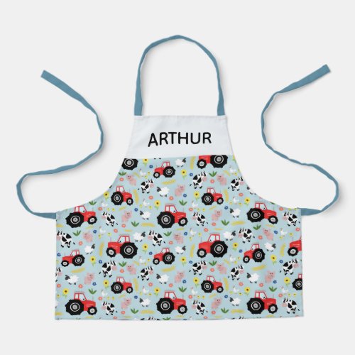 Boys Cute Farm Animal Pattern and Red Tractor Kids Apron