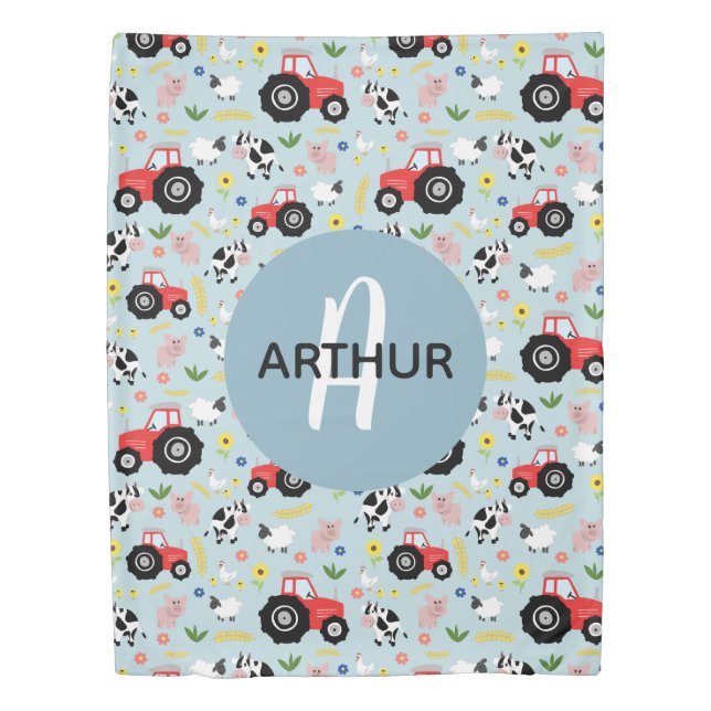 Boys Cute Farm Animal Pattern Monogram Name Kids Duvet Cover (Front)