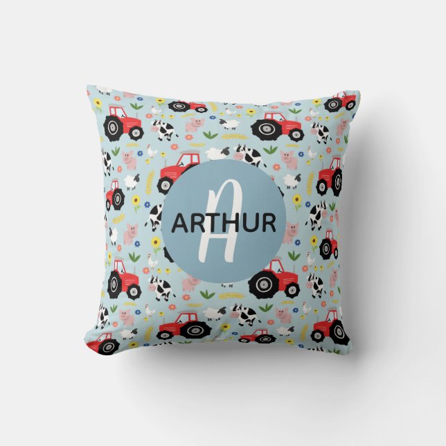 Boys Cute Farm Animal Pattern Monogram Name Kids Throw Pillow (Front)