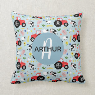 Boys Cute Farm Animal Pattern Monogram Name Kids Throw Pillow