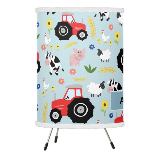 Boys Cute Farm Animal Pattern & Name Kids Nursery Tripod Lamp (Left)