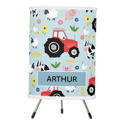 Boys Cute Farm Animal Pattern & Name Kids Nursery Tripod Lamp (Front)