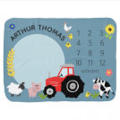 Boys Cute Farm Animal Tractor and Name Milestone Baby Blanket Boys Cute Farm Animal Tractor and Name Milestone Baby Blanket