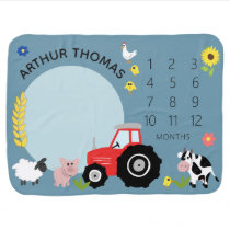 Boys Cute Farm Animal Tractor and Name Milestone Baby Blanket Boys Cute Farm Animal Tractor and Name Milestone Baby Blanket