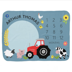 Boys Cute Farm Animal Tractor and Name Milestone Baby Blanket