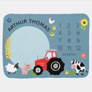 Boys Cute Farm Animal Tractor and Name Milestone Baby Blanket