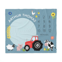 Boys Cute Farm Animal Tractor and Name Milestone Fleece Blanket