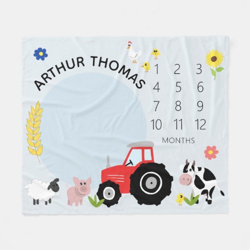 Boys Cute Farm Animal Tractor and Name Milestone Fleece Blanket