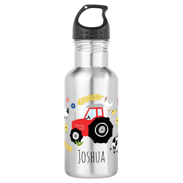 Boys Cute Farm Animal Tractor and Name Stainless Steel Water Bottle (Front)