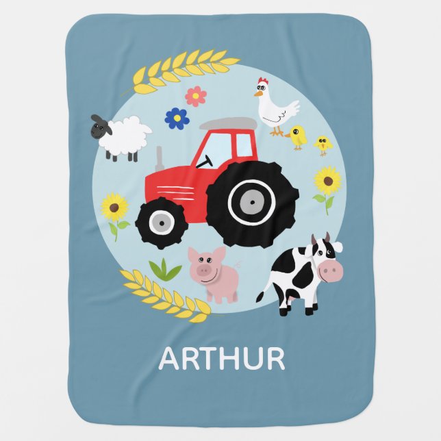 Boys Cute Farm Animal Tractor Cartoon & Name Baby Blanket (Front)