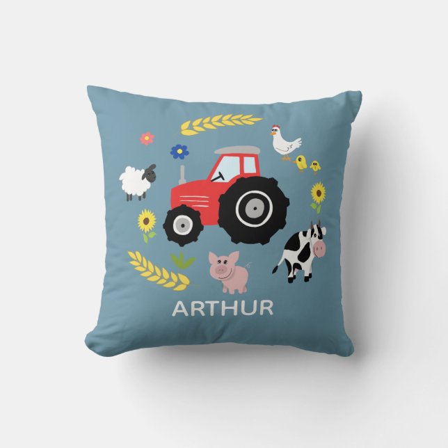 Boys Cute Farm Animal Tractor Name Kids Nursery Throw Pillow (Front)