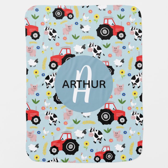 Boys Cute Farm Animal Tractor Pattern & Name Baby Blanket (Front)