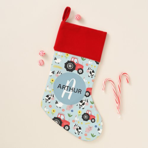 Boys Cute Farm Animal Tractor Pattern Name Kids Christmas Stocking