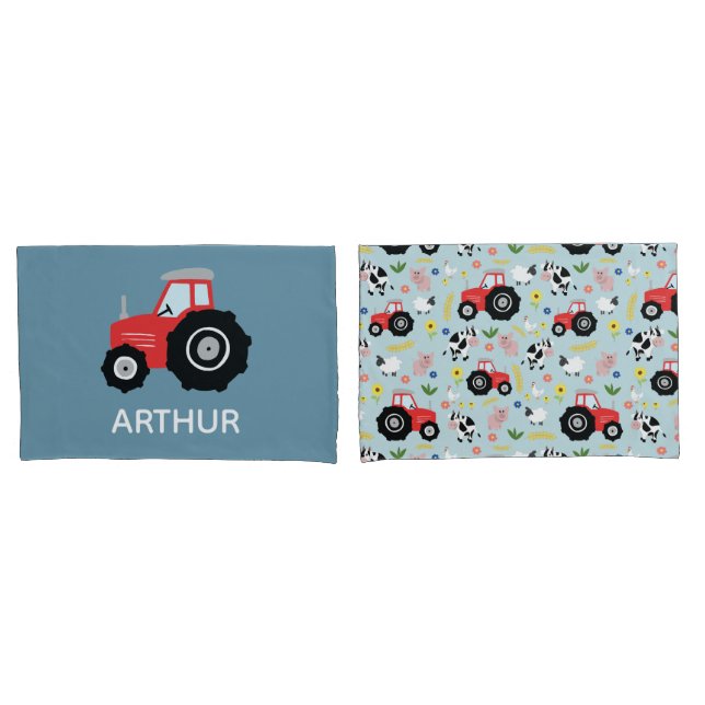 Boys Cute Farm Animal Tractor Pattern Name Kids Pillow Case (Front-Set)