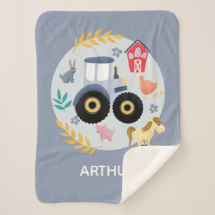 Boys Cute Farm Animals and Blue Tractor Kids Sherpa Blanket